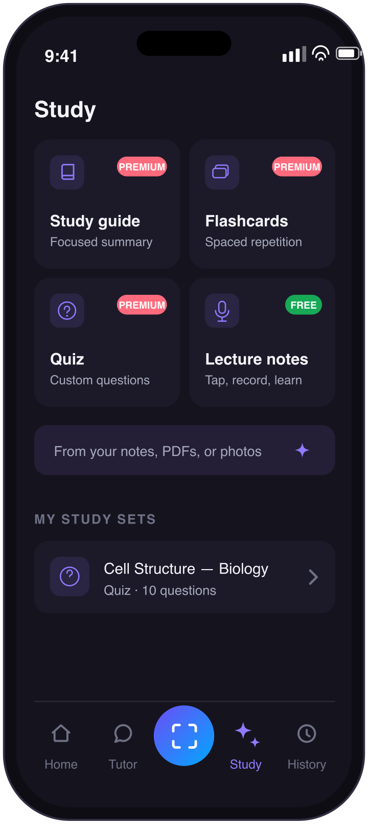 L'onglet Étude avec fiche, flashcards, quiz et notes de cours