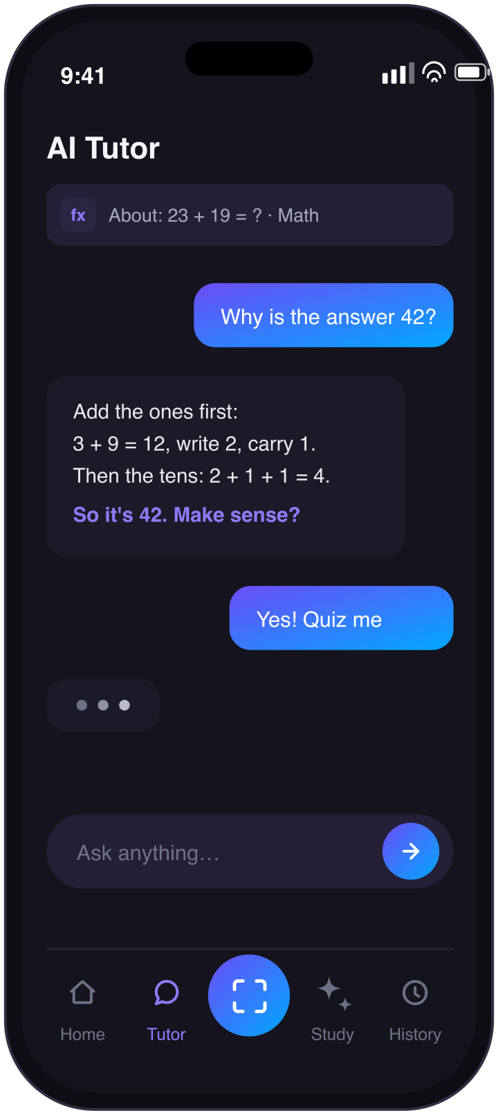 Le chat du Tuteur IA discutant d'une question de maths résolue